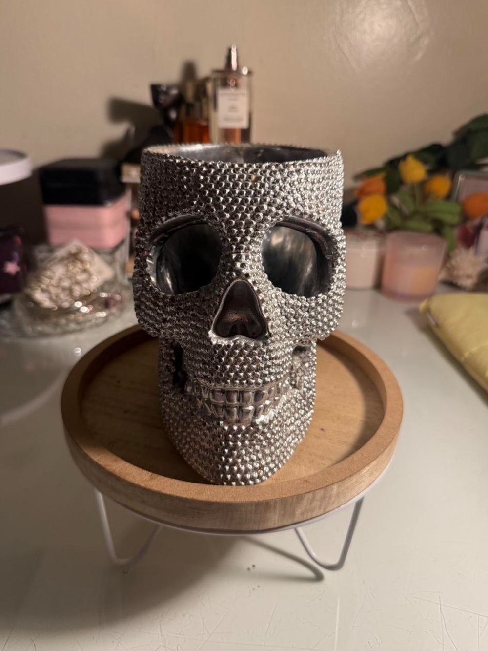 Silver Rhinestone Skull Decorative Holder